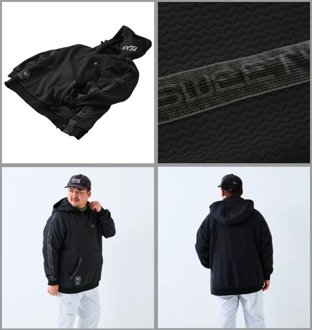 大きいサイズ SY32 by SWEET YEARS ゴルフ キルトニット ジャガード フーディー ハーフジップ ブラック 3L 4L 5L 6L/1278-5608-2-350