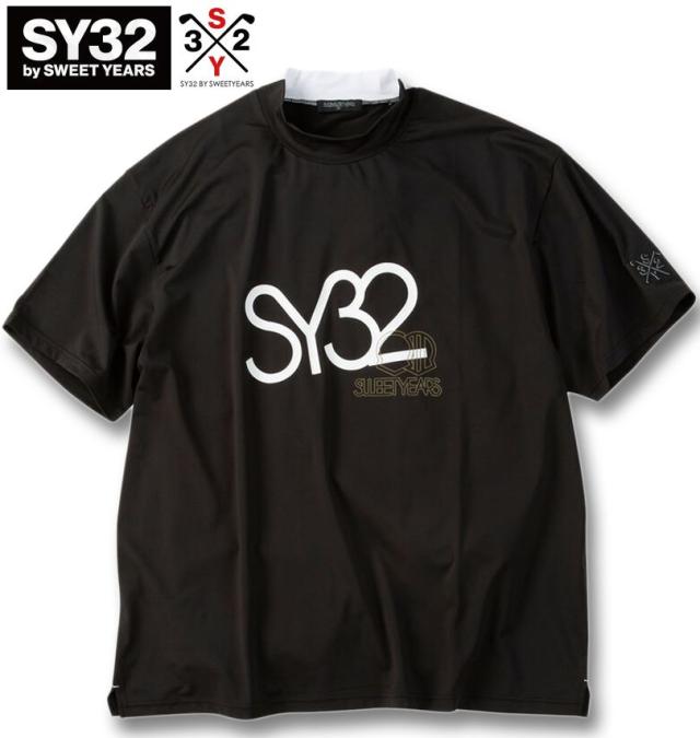 大きいサイズ SY32 by SWEET YEARS ゴルフ ビッグロゴ 半袖 モックネック シャツ ブラック 3L 4L 5L 6L/1278-6274-2-150