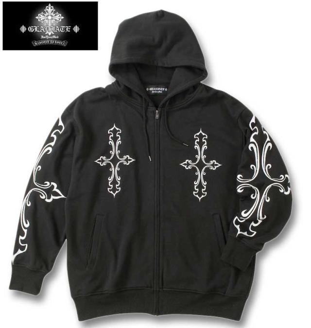 大きいサイズ GLADIATE 刺繍 裏毛 フルジップ パーカー ブラック 3L 4L 5L 6L/1258-4361-1-158