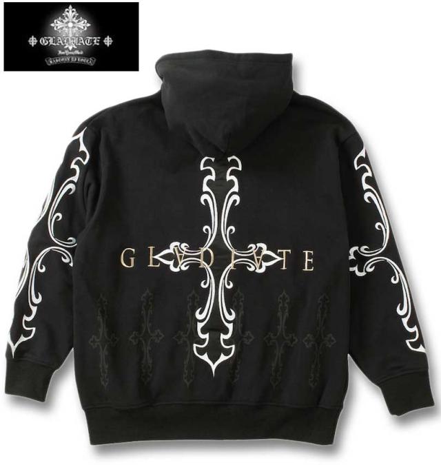 大きいサイズ GLADIATE 刺繍 裏毛 フルジップ パーカー ブラック 3L 4L 5L 6L/1258-4361-1-158