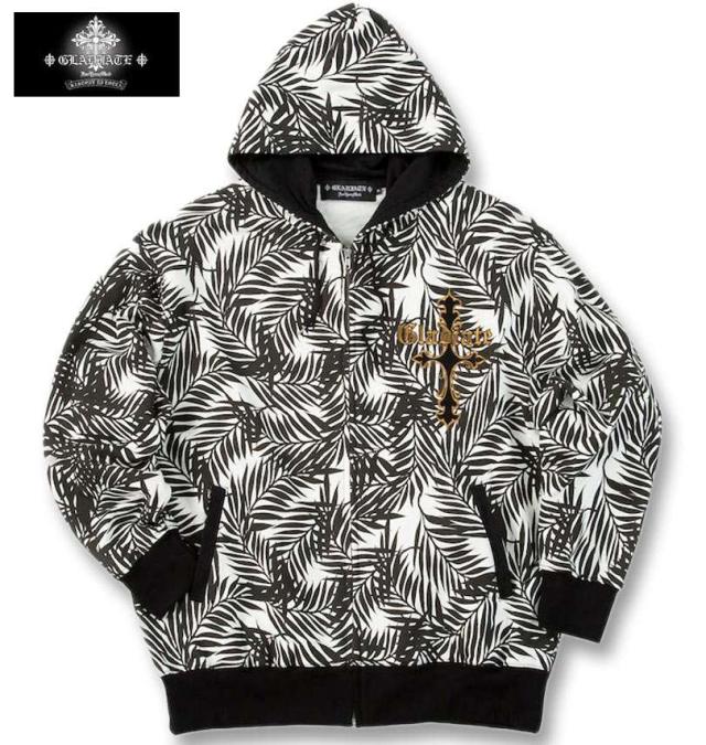 大きいサイズ GLADIATE 刺繍 裏毛 フルジップ パーカー ホワイト×ブラック 3L 4L 5L 6L/1258-5331-1-158