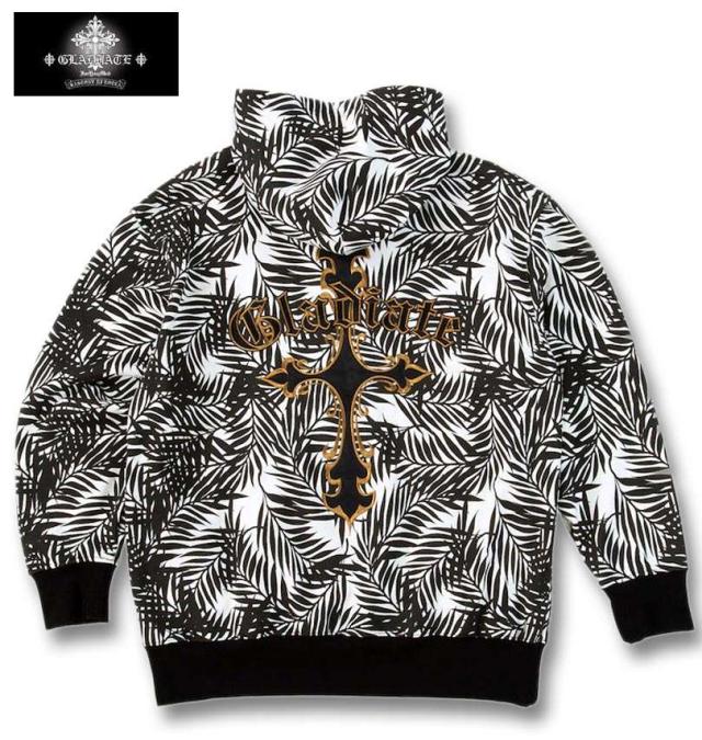 大きいサイズ GLADIATE 刺繍 裏毛 フルジップ パーカー ホワイト×ブラック 3L 4L 5L 6L/1258-5331-1-158