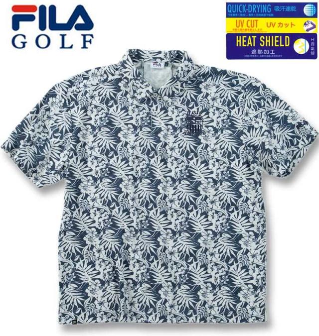 大きいサイズ FILA GOLF COOL AIR 遮熱 メッシュ ボタニカルプリント 半袖シャツ ネイビー 3L 4L 5L 6L/1278-5223-1-158