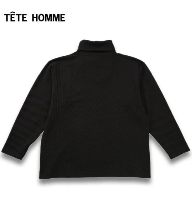 大きいサイズ TETE HOMME バイアスパネル柄 ボリュームネック 長袖 Tシャツ ブラック 3L 4L 5L 6L/1278-5646-2-158