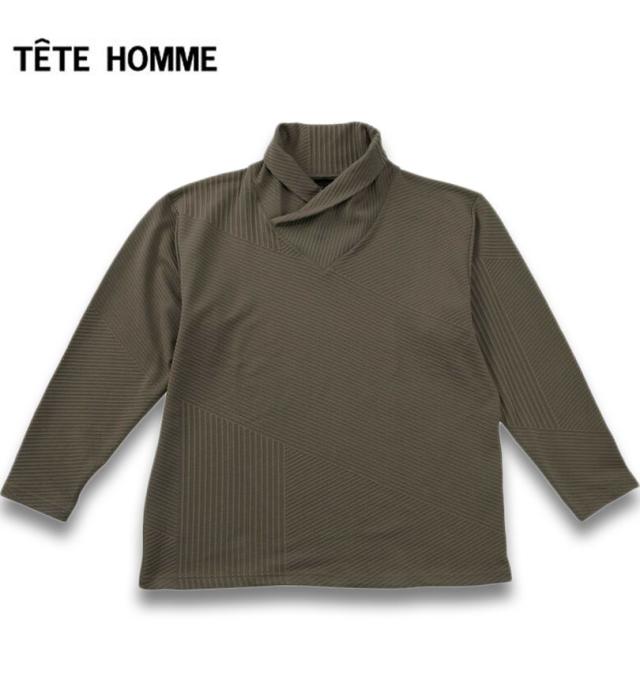 大きいサイズ TETE HOMME バイアスパネル柄 ボリュームネック 長袖 Tシャツ チャコール 3L 4L 5L 6L/1278-5646-3-158