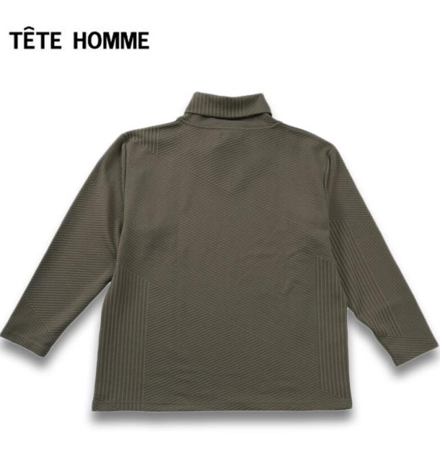大きいサイズ TETE HOMME バイアスパネル柄 ボリュームネック 長袖 Tシャツ チャコール 3L 4L 5L 6L/1278-5646-3-158