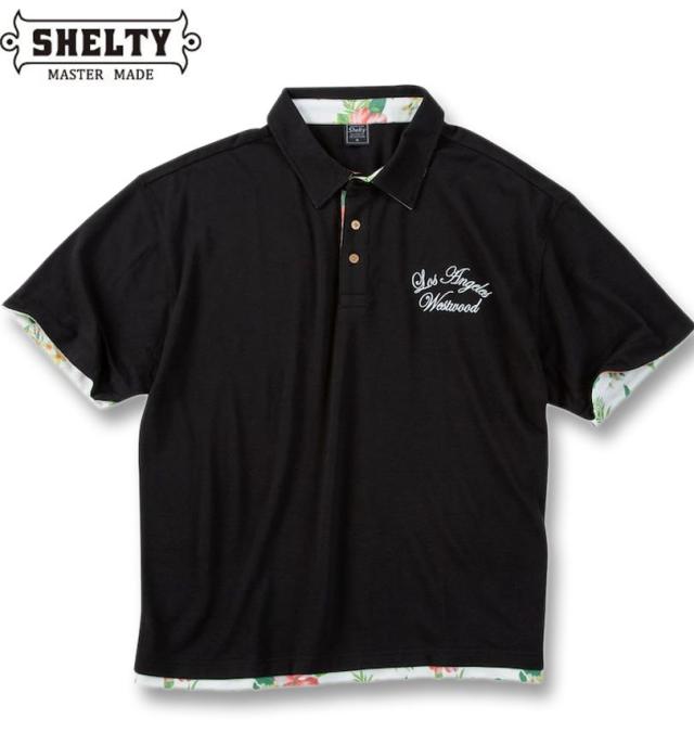 大きいサイズ SHELTY 鹿の子 ボタニカル 昇華プリント フェイクレイヤード 半袖 ポロシャツ ブラック 3L 4L 5L 6L/1268-5240-2-59