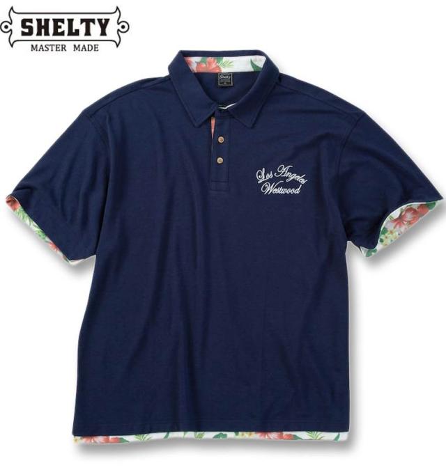 大きいサイズ SHELTY 鹿の子 ボタニカル 昇華プリント フェイクレイヤード 半袖 ポロシャツ ネイビー 3L 4L 5L 6L/1268-5240-3-59
