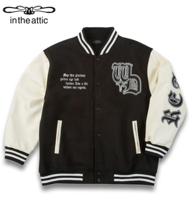 大きいサイズ in the attic 身頃フェイクメルトン 袖PU スタジアムジャンパー ブラック×クリーム 3L 4L 5L 6L/1253-5330-1-168