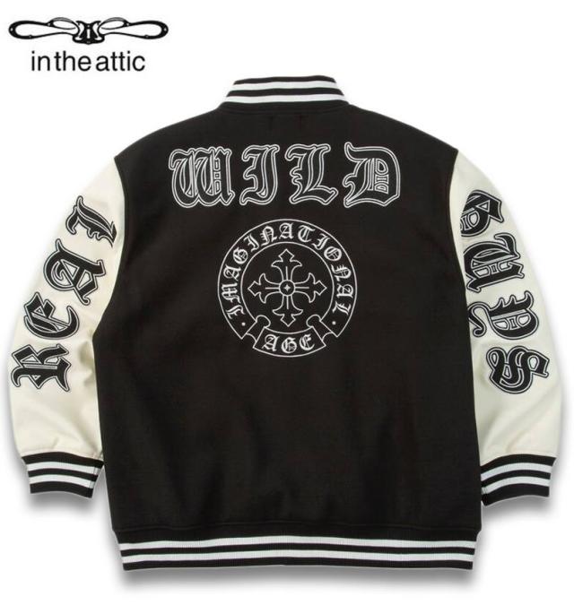 大きいサイズ in the attic 身頃フェイクメルトン 袖PU スタジアムジャンパー ブラック×クリーム 3L 4L 5L 6L/1253-5330-1-168