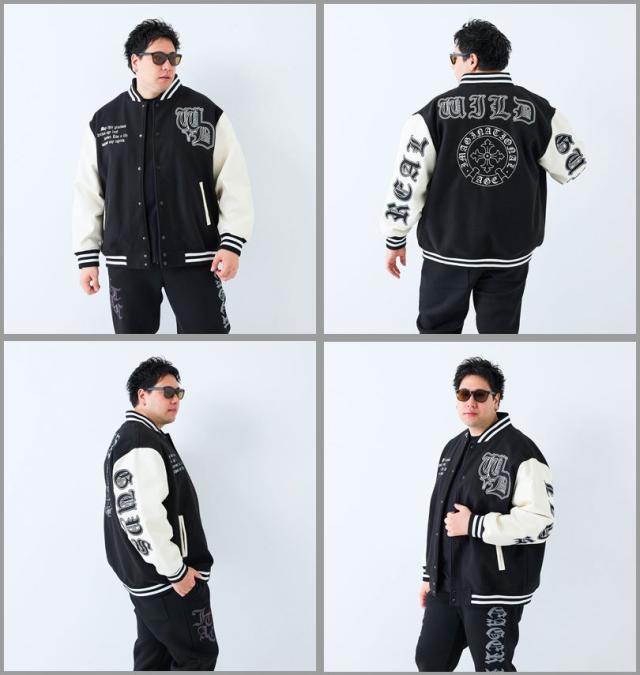 大きいサイズ in the attic 身頃フェイクメルトン 袖PU スタジアムジャンパー ブラック×クリーム 3L 4L 5L 6L/1253-5330-1-168