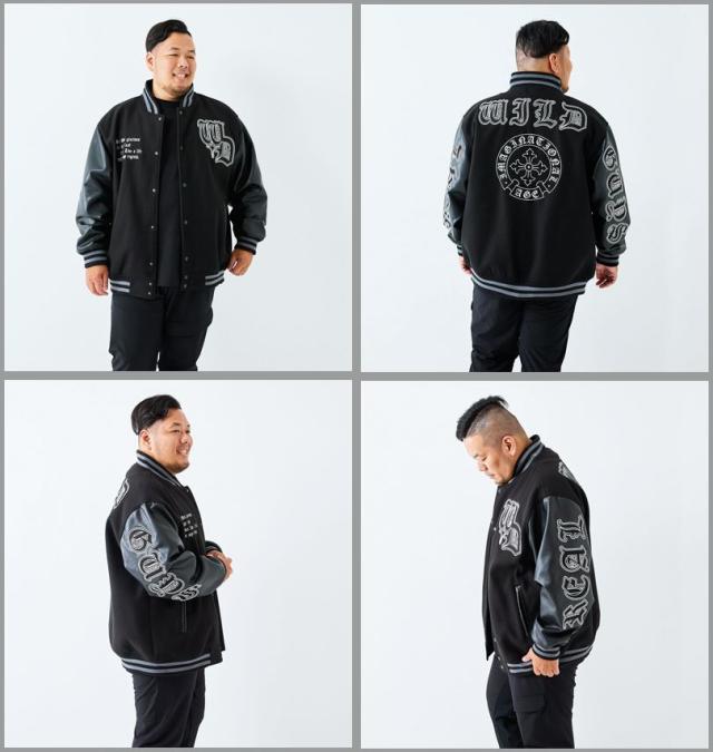 大きいサイズ in the attic 身頃フェイクメルトン 袖PU スタジアムジャンパー ブラック×ブラック 3L 4L 5L 6L/1253-5330-2-168