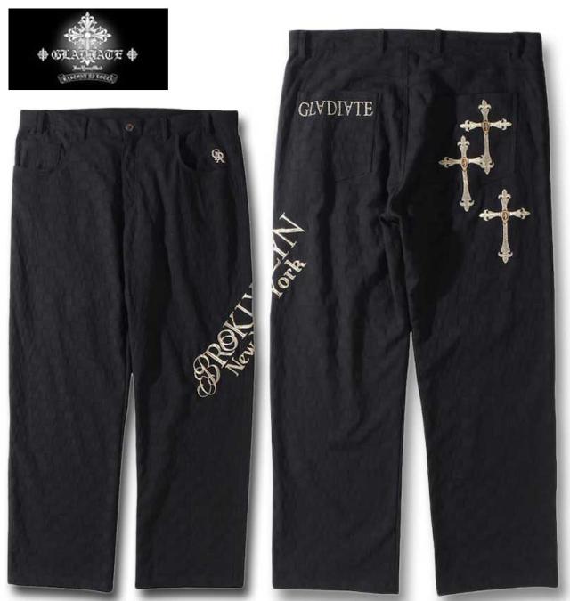 大きいサイズ GLADIATE 刺繍 ブロックジャガード パンツ ブラック 3L 4L 5L 6L/1254-3315-1-168