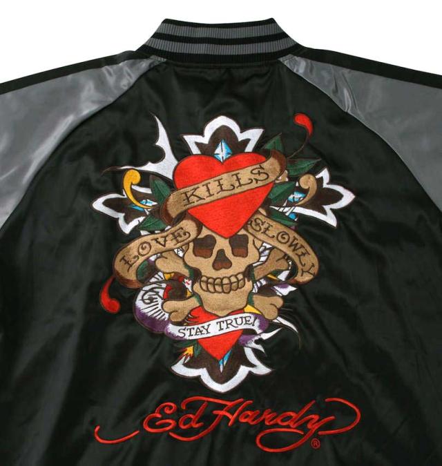 大きいサイズ Ed Hardy 刺繍 スカジャン ブラック×グレー 3L 4L 5L 6L/1273-4120-2-268