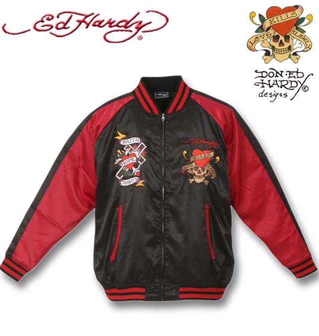 大きいサイズ Ed Hardy 刺繍 スカジャン ブラック×レッド 3L 4L 5L 6L/1273-4120-3-268
