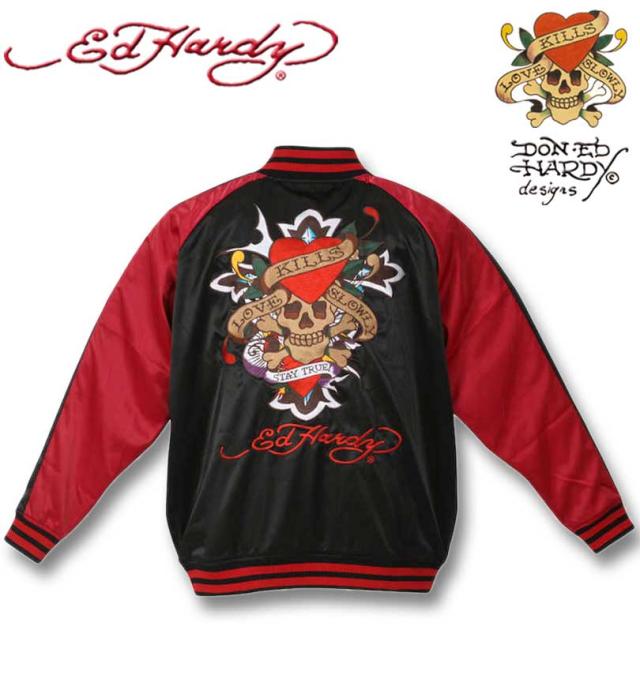 大きいサイズ Ed Hardy 刺繍 スカジャン ブラック×レッド 3L 4L 5L 6L/1273-4120-3-268