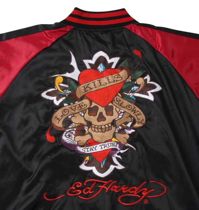 大きいサイズ Ed Hardy 刺繍 スカジャン ブラック×レッド 3L 4L 5L 6L/1273-4120-3-268