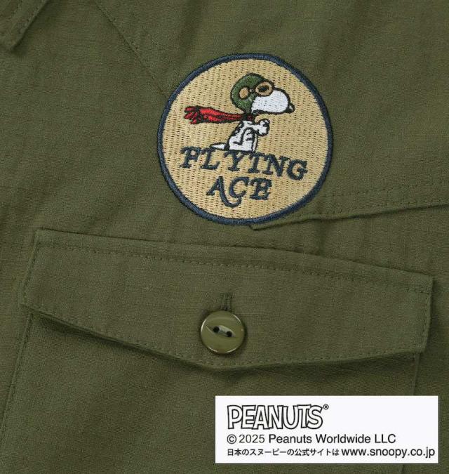 大きいサイズ FLAGSTAFF×PEANUTS スヌーピーコラボ 半袖 リップストップ シャツ カーキ 3L 4L 5L 6L 8L/1277-5205-1-168