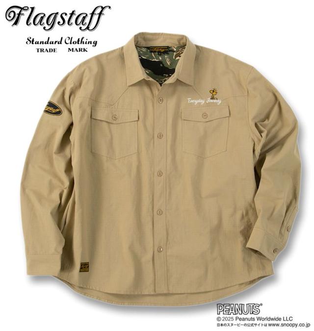 大きいサイズ FLAGSTAFF×PEANUTS スヌーピー コラボ リップストップ 長袖 シャツ ベージュ 3L 4L 5L 6L 8L/1277-5335-1-168