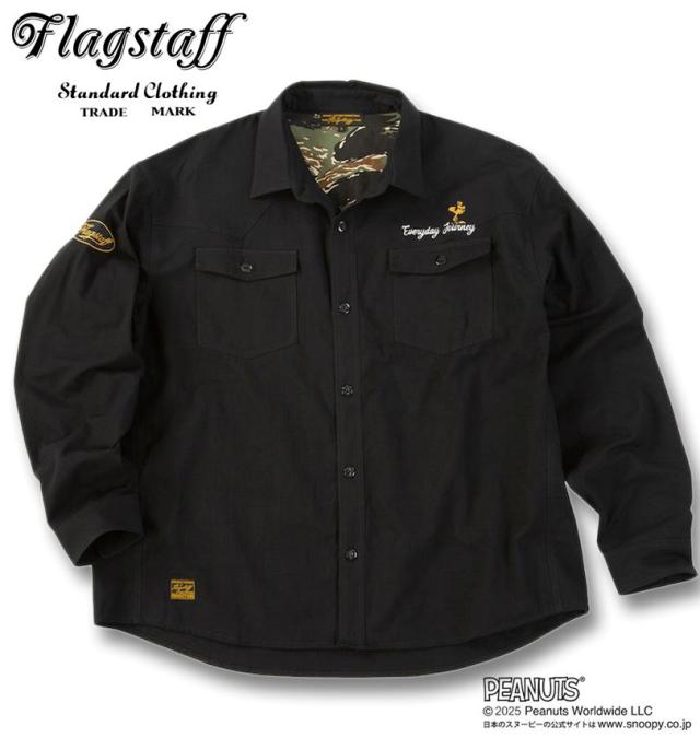 大きいサイズ FLAGSTAFF×PEANUTS スヌーピー コラボ リップストップ 長袖 シャツ ブラック 3L 4L 5L 6L 8L/1277-5335-2-168