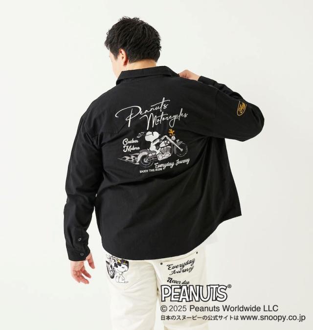 大きいサイズ FLAGSTAFF×PEANUTS スヌーピー コラボ リップストップ 長袖 シャツ ブラック 3L 4L 5L 6L 8L/1277-5335-2-168