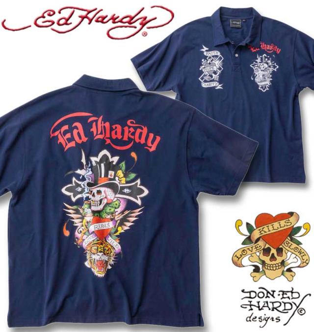 大きいサイズ Ed Hardy 鹿の子 プリント 半袖 ポロシャツ ネイビー 3L 4L 5L 6L 8L/1278-4516-1-72の通販は
