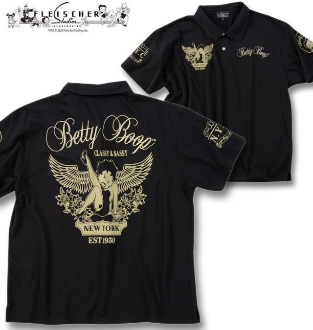 大きいサイズ BETTY BOOP 鹿の子 刺繍&プリント 半袖 ポロシャツ ブラック 3L 4L 5L 6L 8L/1278-5537-2-72