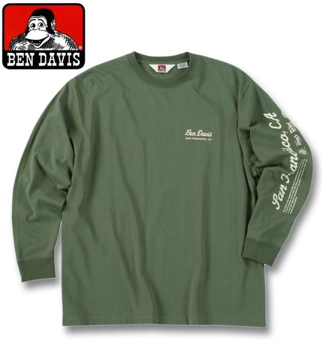 大きいサイズ BEN DAVIS スポンサードプリント 長袖 Tシャツ グリーングレー 3L 4L 5L 6L/1278-5610-1-74
