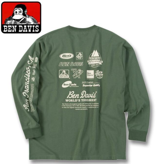 大きいサイズ BEN DAVIS スポンサードプリント 長袖 Tシャツ グリーングレー 3L 4L 5L 6L/1278-5610-1-74