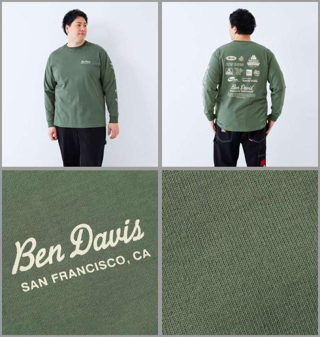 大きいサイズ BEN DAVIS スポンサードプリント 長袖 Tシャツ グリーングレー 3L 4L 5L 6L/1278-5610-1-74
