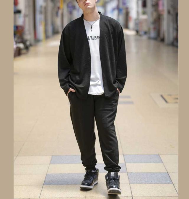 大きいサイズ BEAUMERE 膨れジャガード 長袖カーディガン+半袖Tシャツ ブラック×ホワイト 3L 4L 5L 6L/1258-3330-2-79