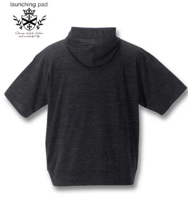 大きいサイズ launching pad 針抜きストライプ 半袖フルジップパーカー+半袖Tシャツ ブラック杢×ホワイト 3L 4L 5L 6L/1258-4252-2-79