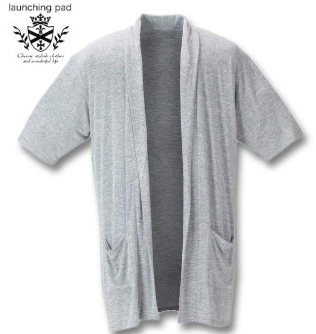 大きいサイズ launching pad 甘編み 杢天竺 五分袖 コーディガン+半袖Tシャツ ライトグレー杢×ブラック 3L 4L 5L 6L/1258-4253-1-79