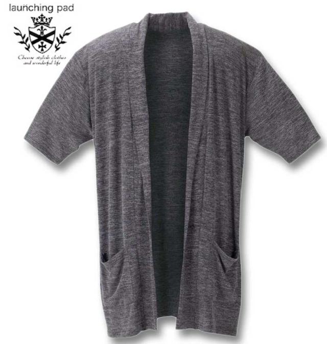 大きいサイズ launching pad 甘編み 杢天竺 五分袖 コーディガン+半袖Tシャツ ブラック杢×ブラック 3L 4L 5L 6L/1258-4253-2-79