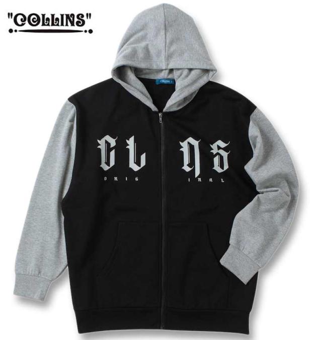 大きいサイズ COLLINS 裏起毛 配色 フルジップパーカー 半袖Tシャツ ブラック×ホワイト 3L 4L 5L 6L 8L/1258-4310-2-79