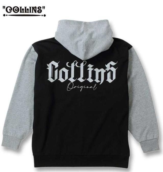 大きいサイズ COLLINS 裏起毛 配色 フルジップパーカー+半袖Tシャツ ブラック×ホワイト 3L 4L 5L 6L 8L/1258-4310-2-79