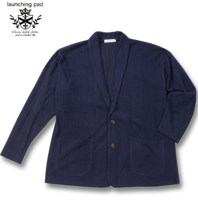 大きいサイズ launching pad 針抜きストライプ 長袖ショールジャケット+半袖Tシャツ ネイビー×ホワイト 3L 4L 5L 6L/1258-4345-1-79