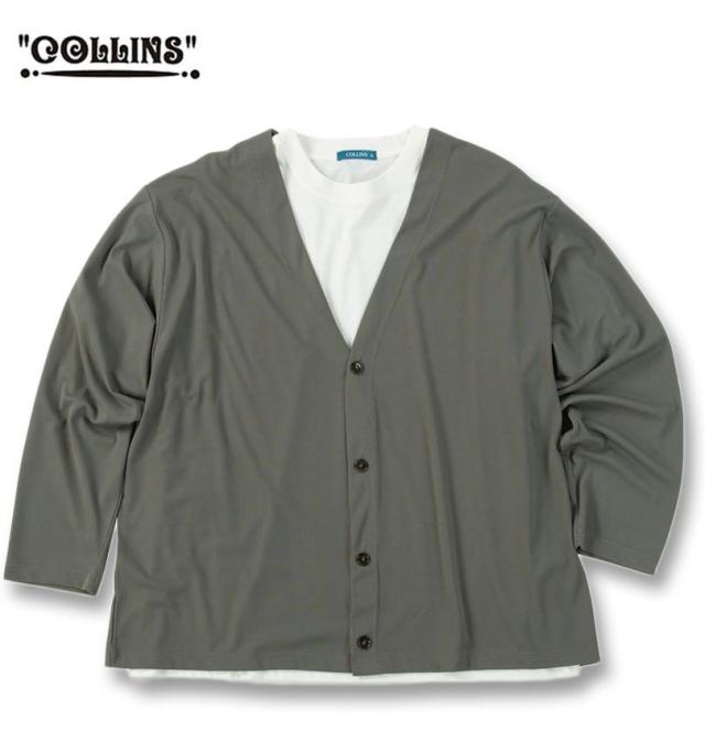 大きいサイズ COLLINS ミニワッフル 長袖 カーディガン+天竺 半袖 Tシャツ セット グレー×ホワイト 3L 4L 5L 6L 8L/1258-5300-1-79