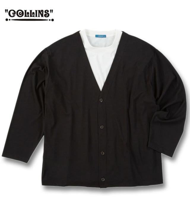 大きいサイズ COLLINS ミニワッフル 長袖 カーディガン+天竺 半袖 Tシャツ セット ブラック×ホワイト 3L 4L 5L 6L 8L/1258-5300-2-79