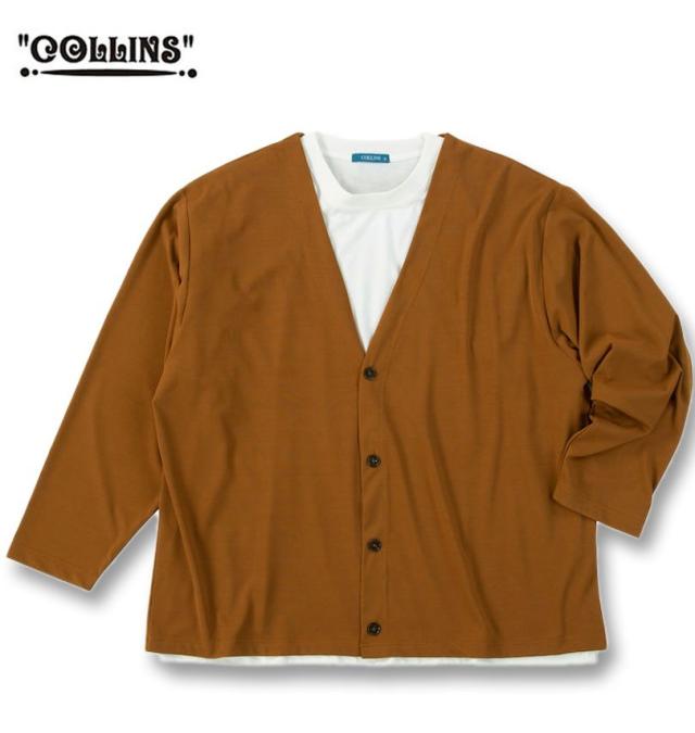 大きいサイズ COLLINS ミニワッフル 長袖 カーディガン+天竺 半袖 Tシャツ セット ブラウン×ホワイト 3L 4L 5L 6L 8L/1258-5300-3-79