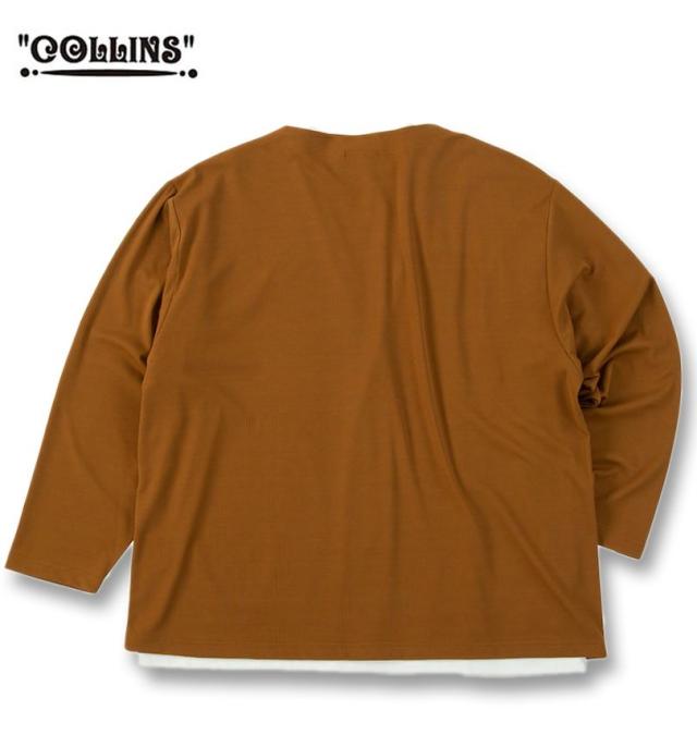 大きいサイズ COLLINS ミニワッフル 長袖 カーディガン+天竺 半袖 Tシャツ セット ブラウン×ホワイト 3L 4L 5L 6L 8L/1258-5300-3-79