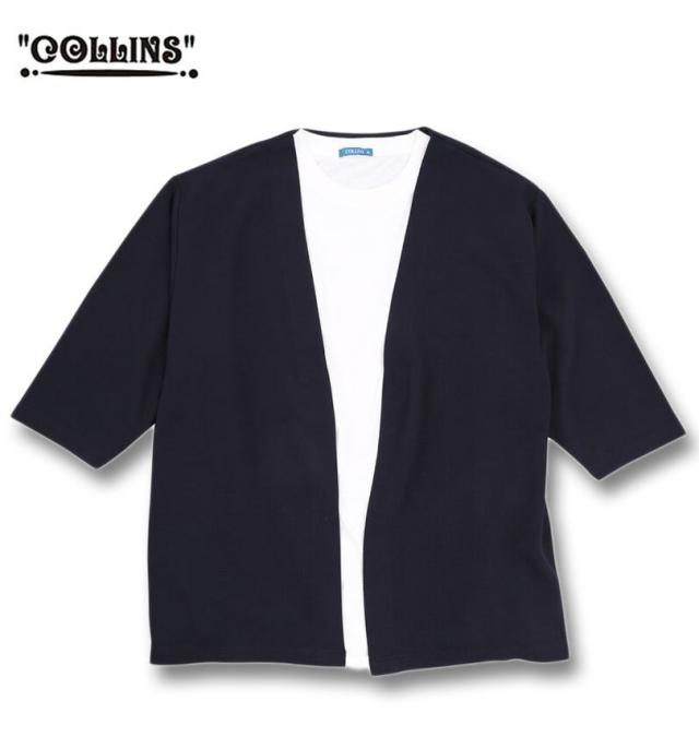 大きいサイズ COLLINS ふくれジャガード トッパー 七分袖 カーディガン+天竺 半袖 Tシャツ セット ネイビー×ホワイト 3L 4L 5L 6L 8L/1258-5301-1-79
