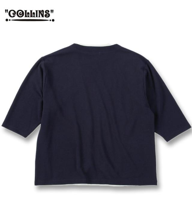 大きいサイズ COLLINS ふくれジャガード トッパー 七分袖 カーディガン+天竺 半袖 Tシャツ セット ネイビー×ホワイト 3L 4L 5L 6L 8L/1258-5301-1-79