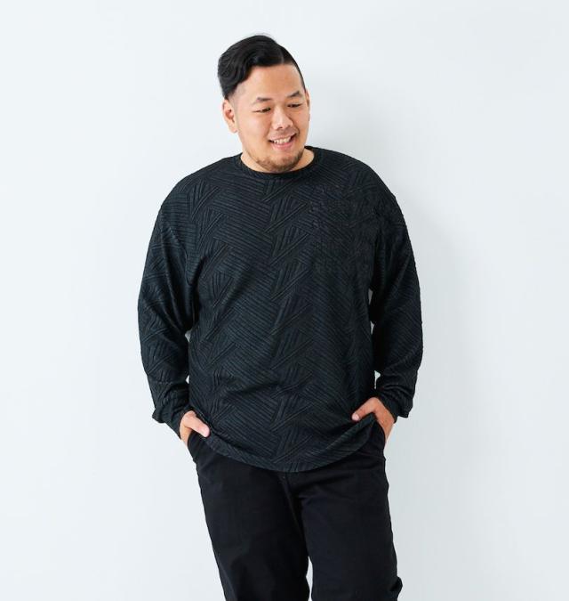 大きいサイズ in the attic ジャガード 刺繍 長袖 Tシャツ ブラック 3L 4L 5L 6L/1258-5360-2-79