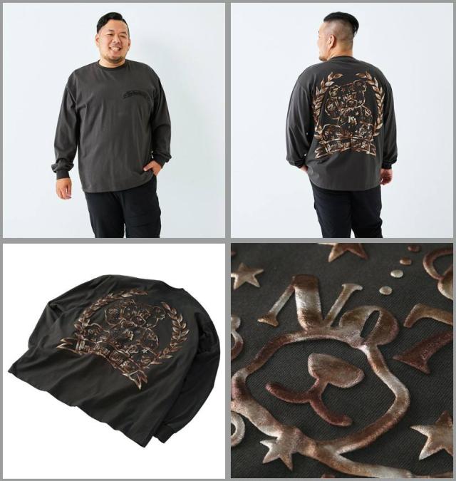 大きいサイズ in the attic ベアシルエット 発泡箔プリント 長袖 Tシャツ チャコール 3L 4L 5L 6L/1258-5361-1-79