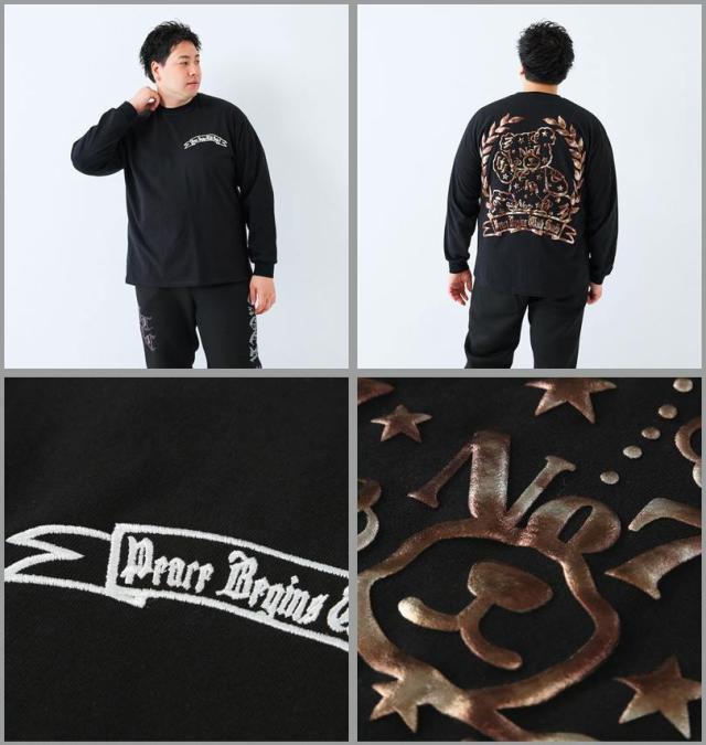 大きいサイズ in the attic ベアシルエット 発泡箔プリント 長袖 Tシャツ ブラック 3L 4L 5L 6L/1258-5361-2-79