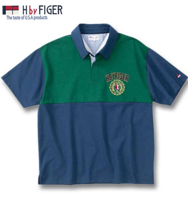 大きいサイズ H by FIGER 天竺 切替 半袖 ポロシャツ ネイビー×グリーン 3L 4L 5L 6L 8L/1268-4241-1-79