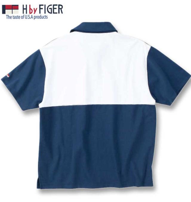 大きいサイズ H by FIGER 天竺 切替 半袖 ポロシャツ ネイビー×グリーン 3L 4L 5L 6L 8L/1268-4241-1-79