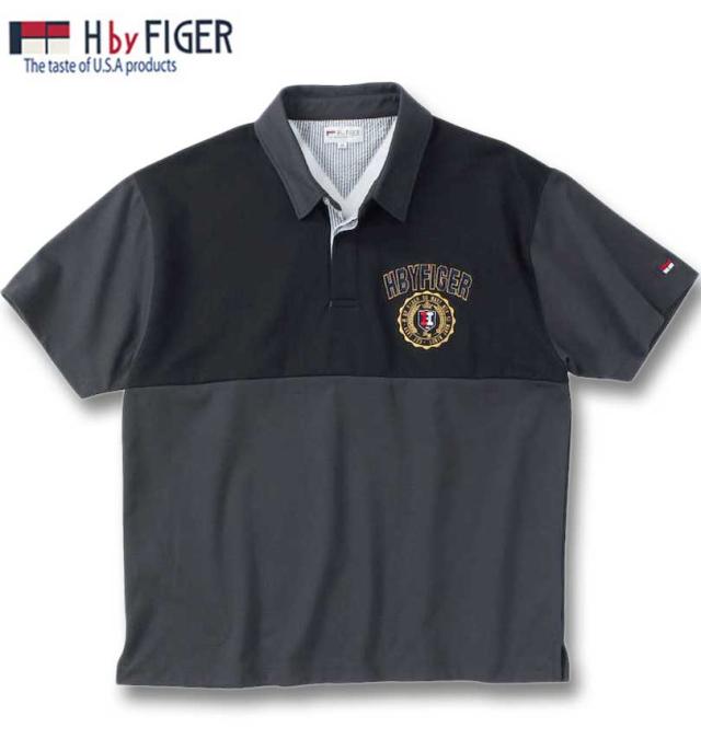 大きいサイズ H by FIGER 天竺 切替 半袖 ポロシャツ チャコール×ブラック 3L 4L 5L 6L 8L/1268-4241-2-79