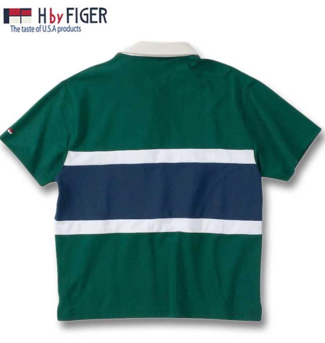 大きいサイズ H by FIGER 天竺 切替 半袖 ラガーシャツ グリーン×ネイビー 3L 4L 5L 6L 8L/1268-4242-1-79